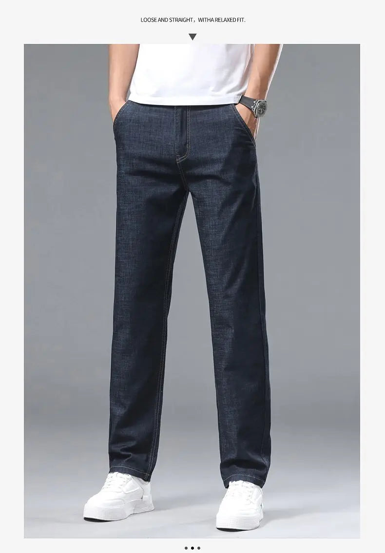 Light blue classic business jeans, fashionable breathable denim elastic pants, black blue men's straight leg jeans, sizes 28-40
