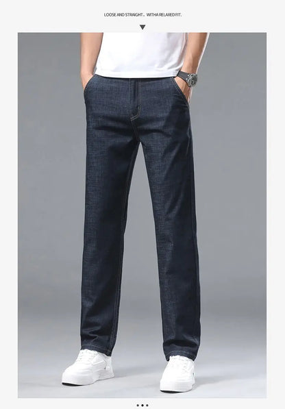 Light blue classic business jeans, fashionable breathable denim elastic pants, black blue men's straight leg jeans, sizes 28-40