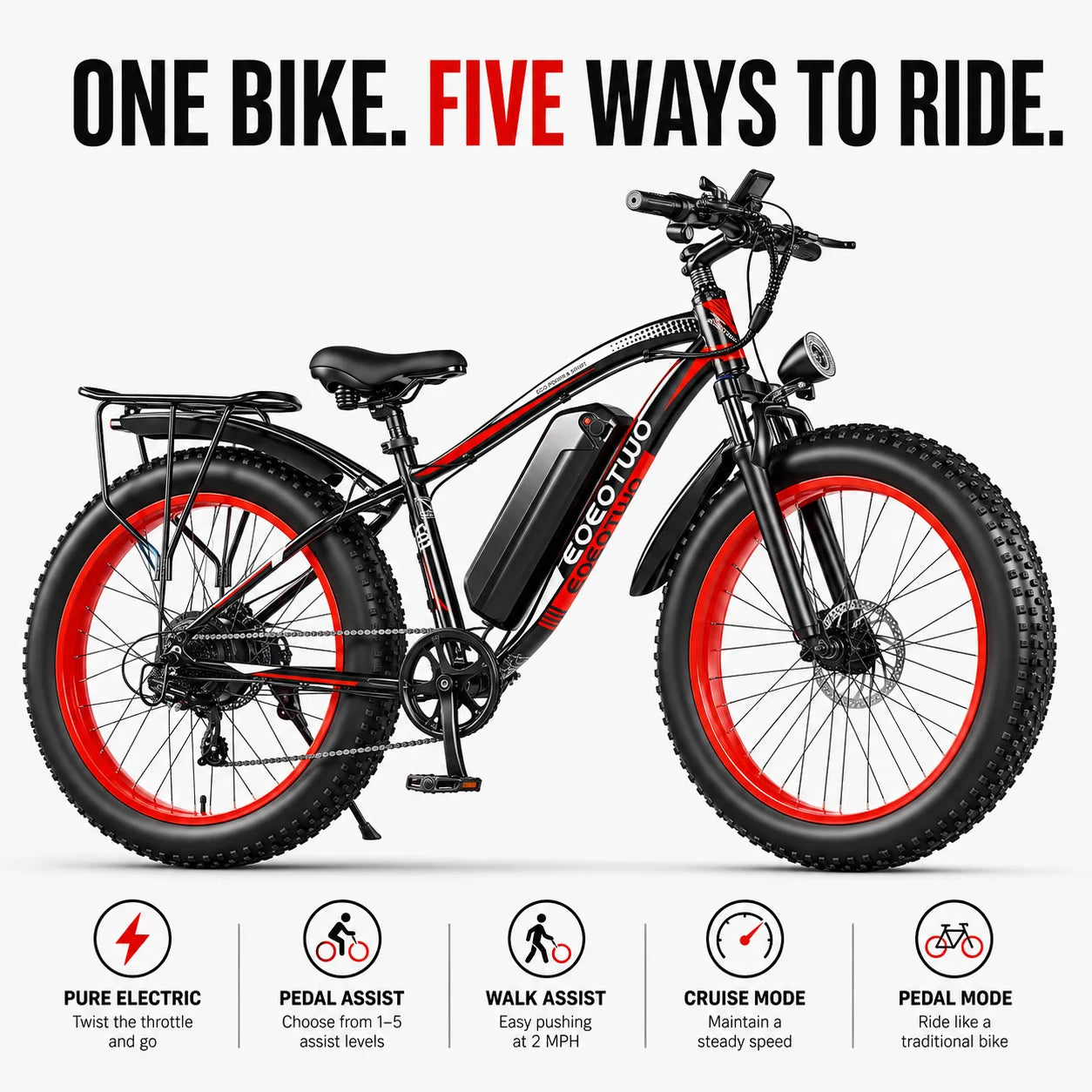 Electric Bike for Adults 1500W Peak, 34MPH 26" Fat Tire Ebike, 48V 15Ah Long Range Battery, All-Terrain Mountain Commuter E-Bike
