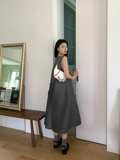 Pleated Women's Dresses | Plus Size Knee Length Dress With Natural Waistline And Folded Fabric
