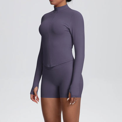 Women Gym Set - Seamless Yoga Suit With Zip Shirt & Cycling Shorts Activewear