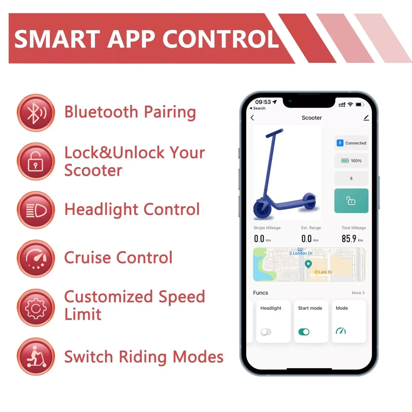 LADPED Electric Scooter 350W 19mph Max Speed Smart APP Control Scooter Shock-absorbing Anti-skid ‎8.5 inches Folding Waterproof E-Scooter