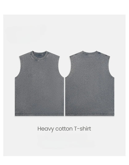 230g Pure Cotton European and American High Street Retro Washed Distressed Sleeveless Vest Men's Casual Loose Shoulder T-shirt