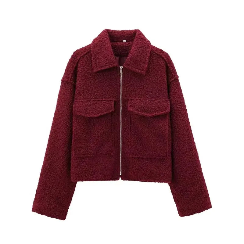 Women Zipper Jacket - Grey Vintage Lapel With Pockets | Casual Long Sleeve Outerwear