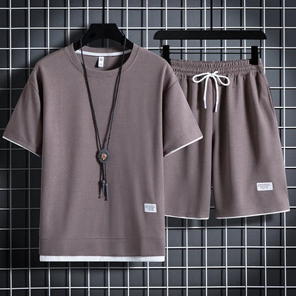 Summer Men's Waffle Sets Casual T-Shirt And Shorts Set Male Sports Suit Solid Color Tracksuit Loose Suits