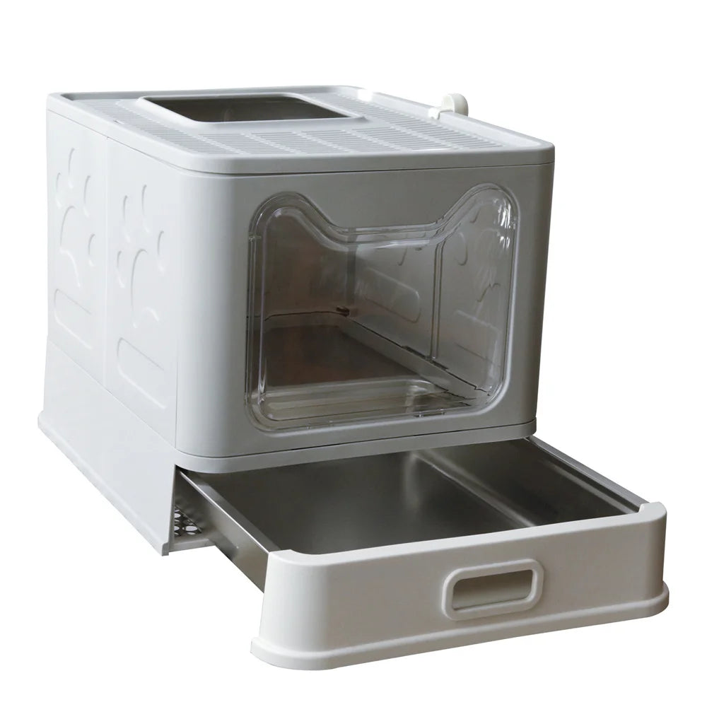 Stainless Steel Covered Cat Litter Box - Large Top Entry Pan with Scoop High Sided for Easy Cleaning - ZOOMNSTORE