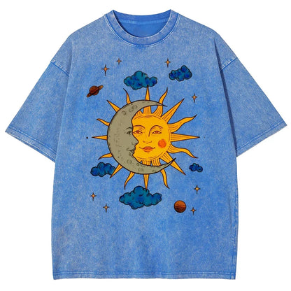 Men's Oversized T-Shirt - Retro Printed Tee With Moon And Sun Print, Breathable Cotton