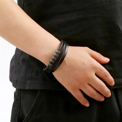 Punk Men Leather Bracelet with Stainless Steel Magnetic Clasp Braided Mutilayer Leather Wrapping Bangles Man Jewelry Gift