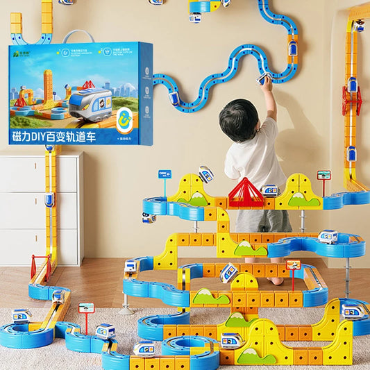 Electric Magnetic Track Train For Kids Montessori Toy Diy Magnetic Construction Tracks Non-Remote Control Model Car Learning Set
