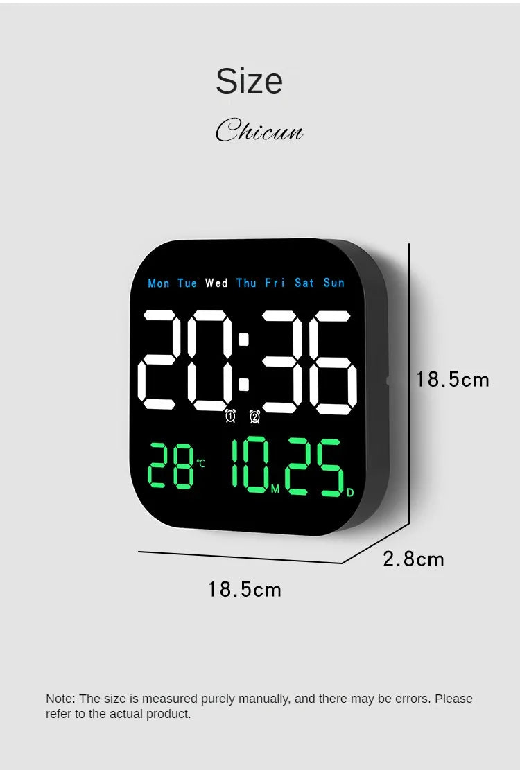 Digital Wall Clock with Temperature and Date - LED Alarm Clock 1224H Remote Control