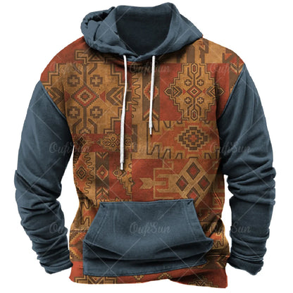 Men Hooded Vintage Print  Sweatshirt Ethnic Style Hoodie Autumn and Winter Oversized Casual Men's Clothing Daily Street Pullover