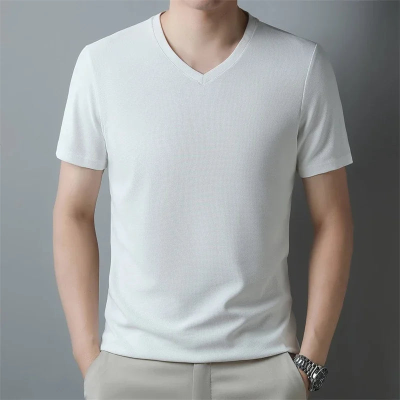 Men's V Neck T-Shirt – Lightweight Summer Shirt With Breathable Waffle Texture