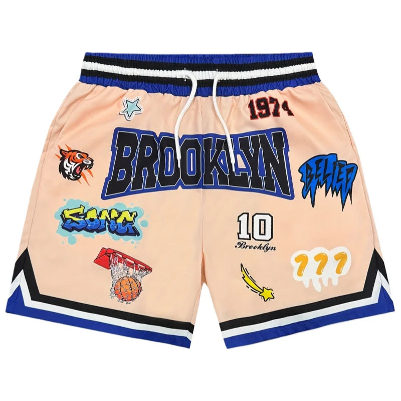 Summer Brookyln Y2K Graphic Print Basketball Shorts Men's Casual Quick-dry Beach Shorts Comfy Relaxed-Fit Flexible Moto Shorts