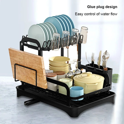 Dish Drying Rack - 2 Tier Kitchen Sink Organizer with Retractable Drain System