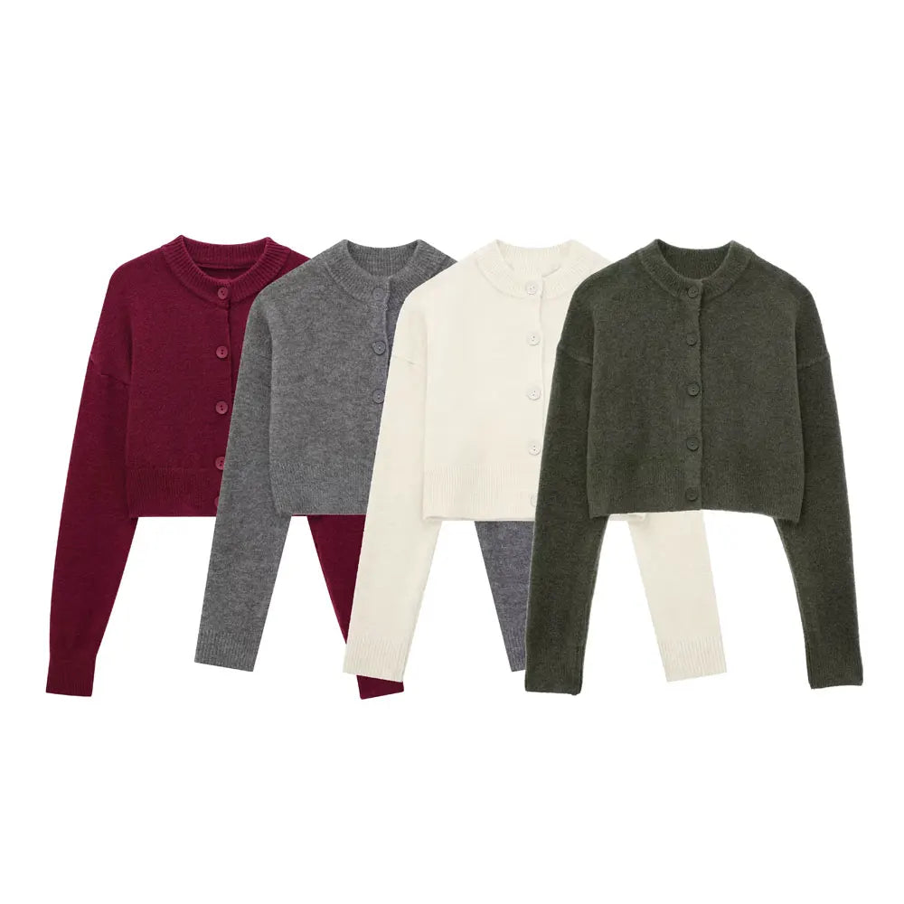 HH Women Cropped Knit Cardigan Sweater Single Breasted Long Sleeve O Neck Coat Elegant Solid Outerwear Female Chic Top