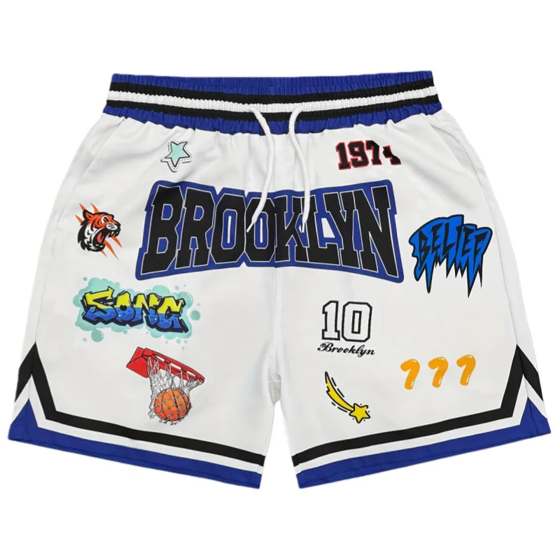 Summer Brookyln Y2K Graphic Print Basketball Shorts Men's Casual Quick-dry Beach Shorts Comfy Relaxed-Fit Flexible Moto Shorts