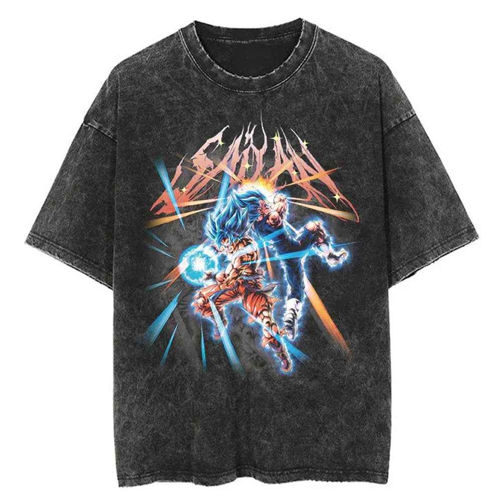 Men Streetwear Washed T Shirt Japanese Anime Dragon Ball Print T-Shirt Harajuku Cotton Casual Tshirt Summer Short Sleeve Tops