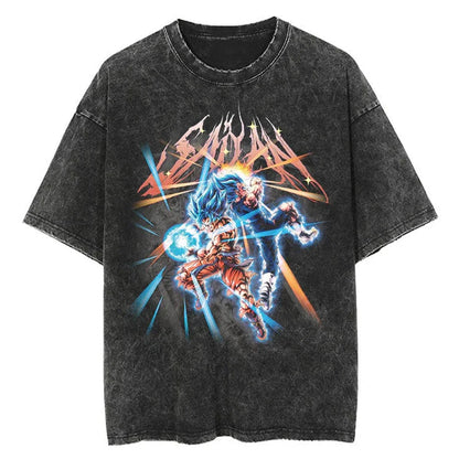 Men Streetwear Washed T Shirt Japanese Anime Dragon Ball Print T-Shirt Harajuku Cotton Casual Tshirt Summer Short Sleeve Tops