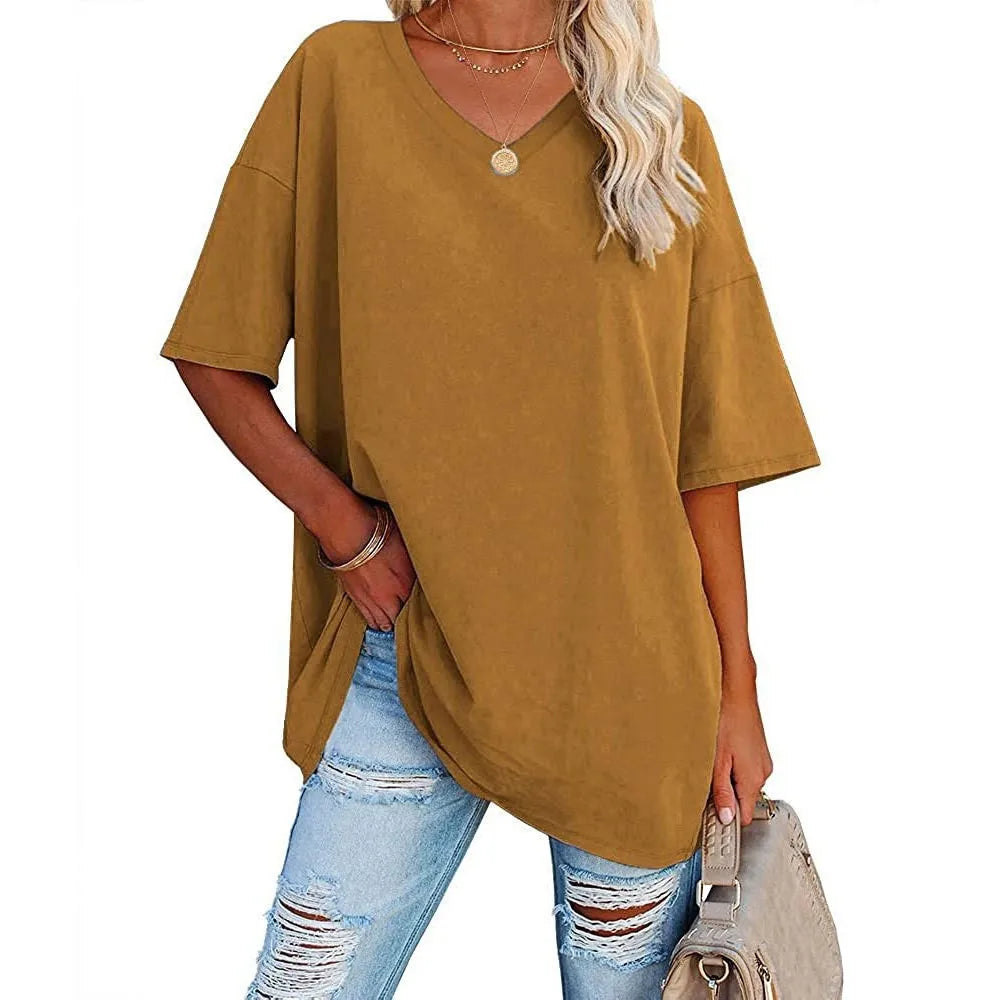 Women's Short Sleeve T Shirt - Cotton Broadcloth Polyester Fabric Top, Loose Fit Tee