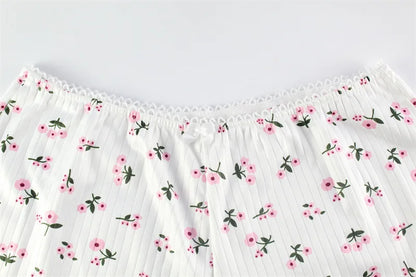 Y2K Cute Ditsy Floral Pajama Set Womens Ribbed Knit Cami Crop Top and Ruffle Shorts Two Piece Loungewear Lace Trim Sleepwear New