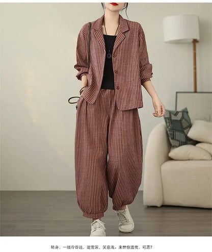 Retro Stripe Cotton And Linen Suit 2024 Women's Autumn Temperament Casual Wide Leg Harem Pants Loose Oversized 2 Piece Set K2478