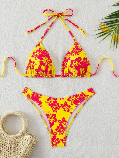 Retro Floral Bikini - High Waisted Lace Up Swimsuit | Summer Beachwear