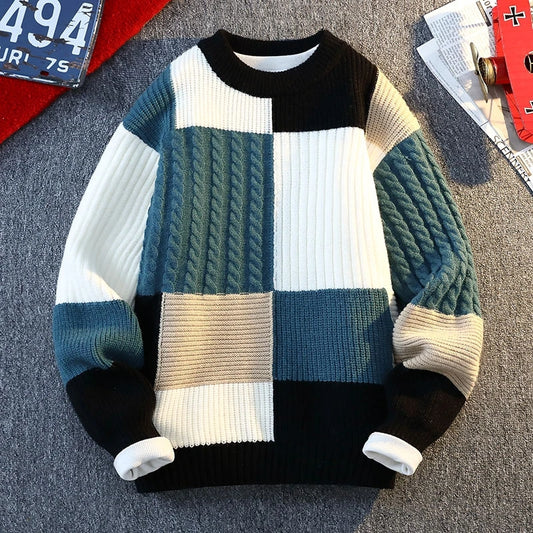 Men's Knit Sweater - Autumn Winter Plaid Patchwork Pullover | Thick Round Neck Casual - ZOOMNSTORE