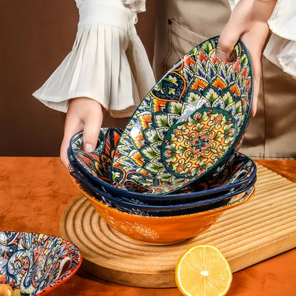 Bohemian Ceramic Salad Bowl Set - Microwave Safe Stackable Oval Plates with Handle 2PCS