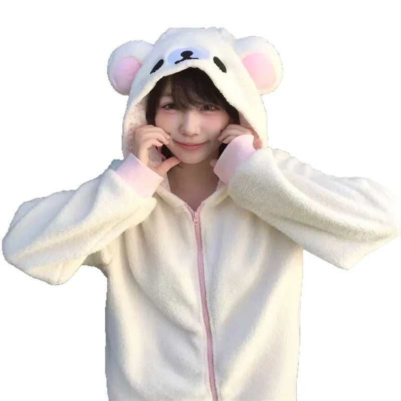 Cute Japan Bear Sleepwear Rilakkuma Y2K Hoodie Pajama Set Girls Fleece Lined Hooded Homewear Suit Autumn Winter Loungewear New