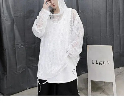 2024 Summer Dark Hollowed Out Mesh Hoodies T-shirt For Men Women Long Sleeves Loose Hooded Mesh Transparent Shirts