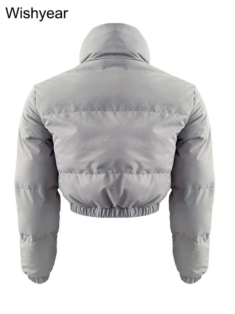Winter Thick Warm Cotton Down Jacket Women Clothing Gray Zipper Short Puffer Parkas Coats Outwear Female  Crop Tops Streetwear