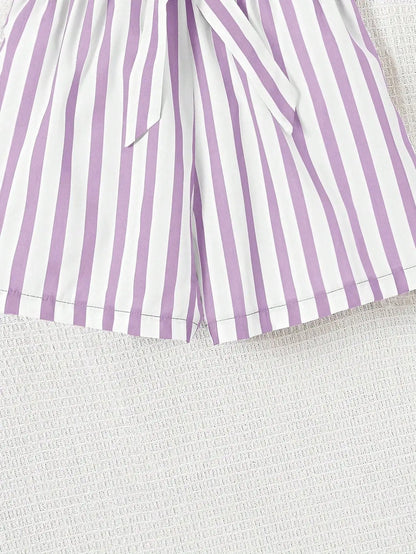 Women's casual daily short sleeved love printed+striped printed shorts 2-piece set with random belt striped children's clothing