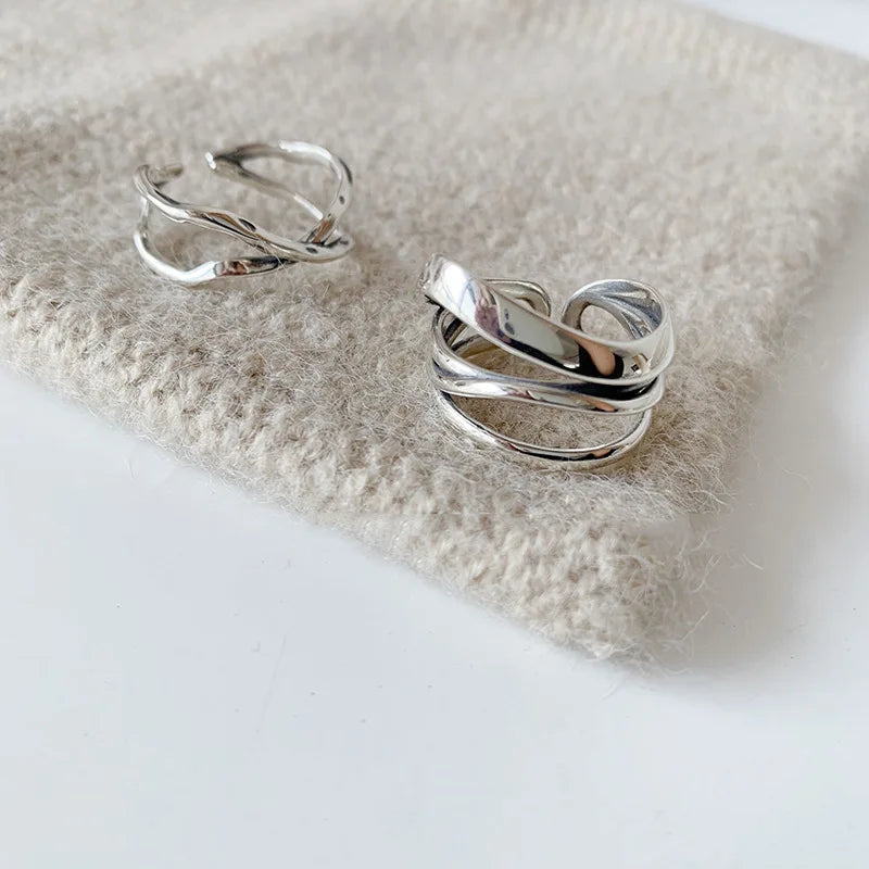 Sterling Silver Rings Adjustable Vintage Hip Hop Couples Silver Bands | Hollow Line Design