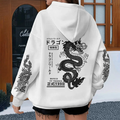 Harajuku Dragon Printed Hoodies for Men Women, Casual Japanese-style Sporty Spring Autumn Hoody, Vintage Unisex Hooded