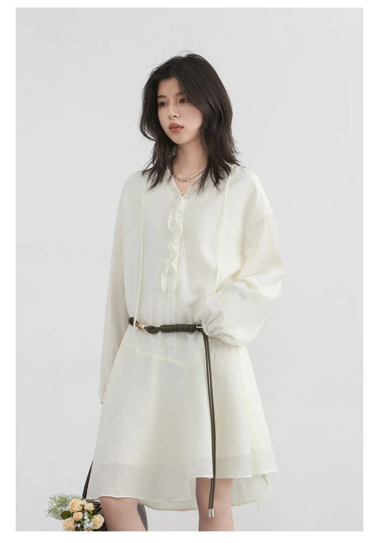 Women Loose Dress - Casual V-Neck Long Sleeve A-Line Knee Dress With Ruffled Lantern Sleeves