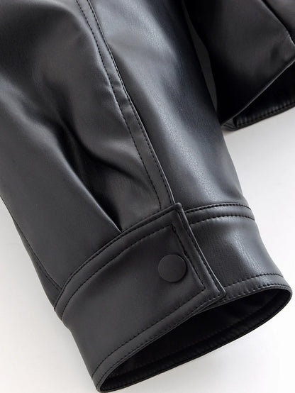 Faux Leather Trench Coat - Women's Black Belted Lapel Jacket With Zipper Closure