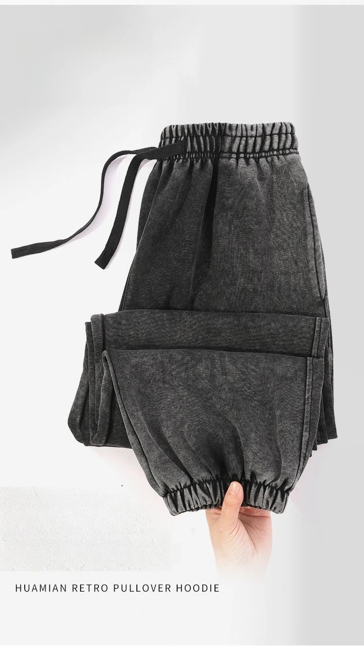 350g Water-Washed Distressed Loose Fit Casual Sweatpants with Ankle Ties - Retro American Style for Autumn/Spring
