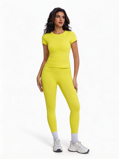 Women's 2 Piece Workout Set, Ultra-Soft Short Sleeve T-Shirt & High Waist Leggings, Seamless Butt Lifting Yoga Outfit for Gym, R