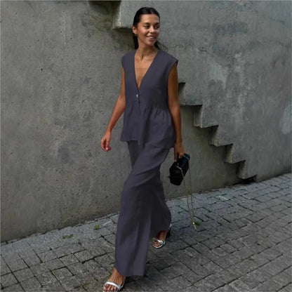 Fashion Women's Trouser Suits Sleeveless V-Neck Top Women Casual Straight Pants Sets Summer Women's Suit Commuter 2 Piece Set