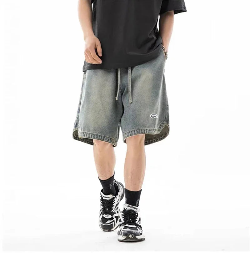 Baggy Denim Shorts - Men's Summer Casual Streetwear With Embroidery & Elastic Waist