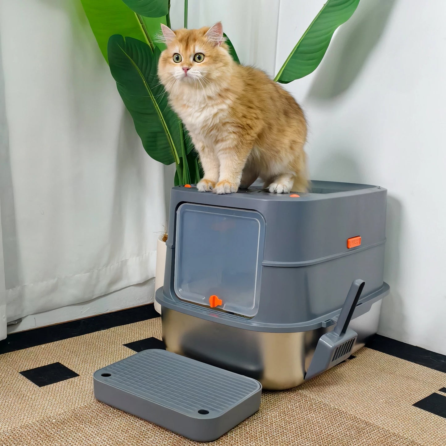 Extra Large Stainless Steel Cat Litter Box with Lid - High Wall Metal Tray for Big Cats - ZOOMNSTORE