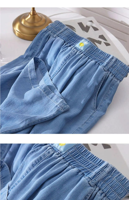 Spring Summer Ice Silk Wide Leg Jeans Loose Casual Pants Thin Lightweight Women's plus Size Elastic Waist Drapey Loose Fit