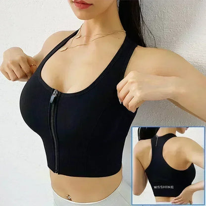 Front Zipper Sports Bra - Women's Athletic Crop Top, Push Up Wireless Fitness Tank