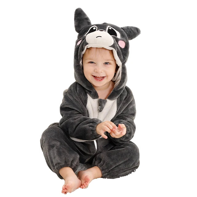Baby Winter Rompers - Soft Polyester Hooded Jumpsuit With Animal Pattern, Machine Washable