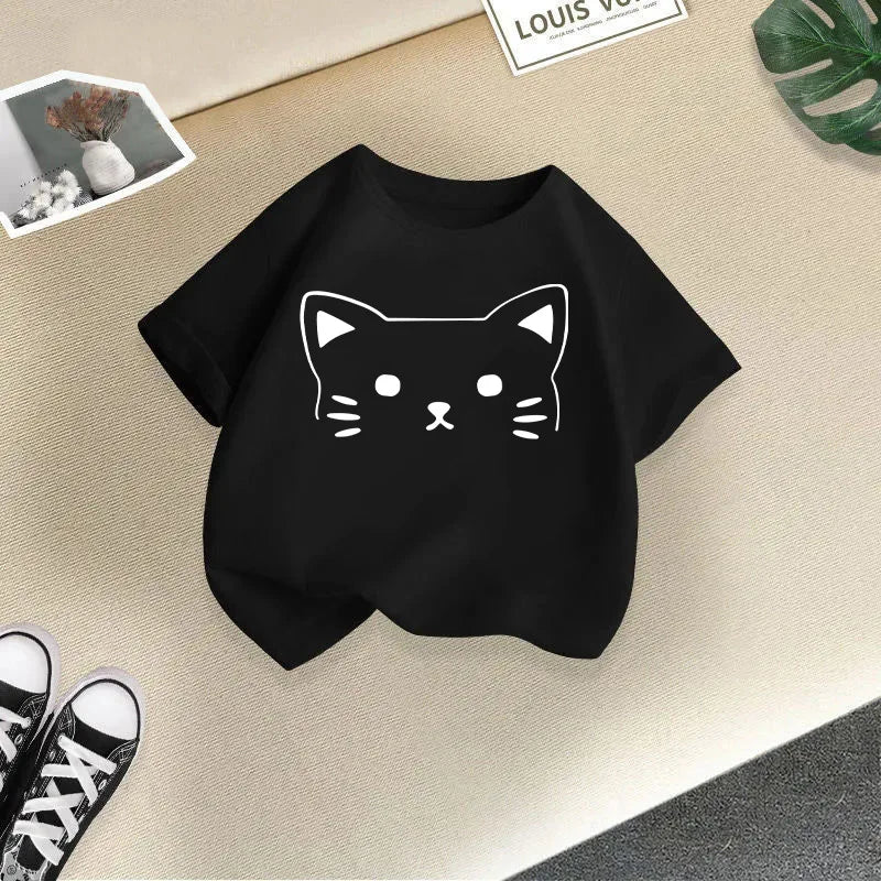Summer New Cute Cat Animal Print Round Neck Short Sleeved Tee Shirt for Boys and Girls Fashionable and Simple Children's T-shirt