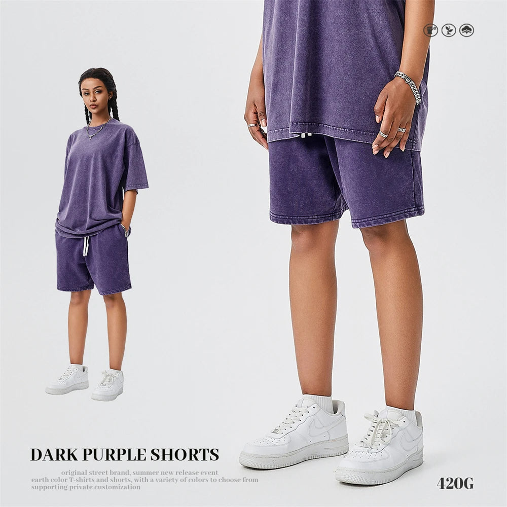 ZODF Trendy Batik Washed 420gsm Cotton Shorts For Men Retro Unisex Basic Heavy Weight Loose Solid Shorts Brand Bottoms HY0855