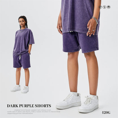 ZODF Trendy Batik Washed 420gsm Cotton Shorts For Men Retro Unisex Basic Heavy Weight Loose Solid Shorts Brand Bottoms HY0855