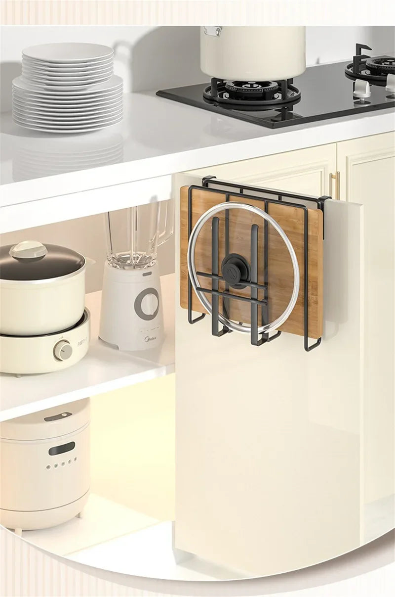 Kitchen Organizer Rack - Stainless Steel Hanging Kitchen Rack with Hooks for Cutting Board, Paper Towel & Pot Lid Storage