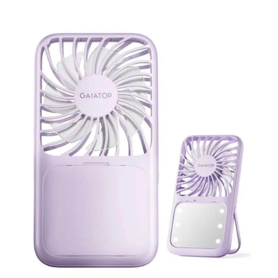 Portable Handheld Fan, 3 Speed LED Makeup Mirror with Light, Folding Stand for Desktop, Rechargeable Mini Personal Fans Small T