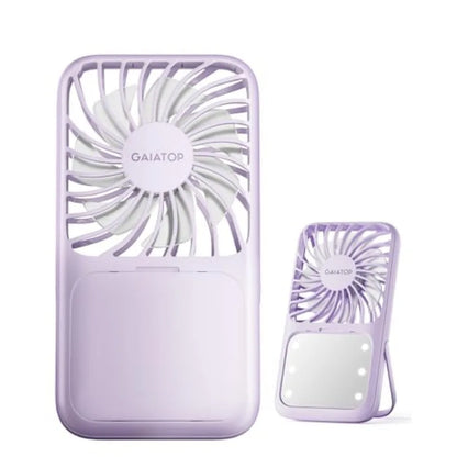 Portable Handheld Fan, 3 Speed LED Makeup Mirror with Light, Folding Stand for Desktop, Rechargeable Mini Personal Fans Small T